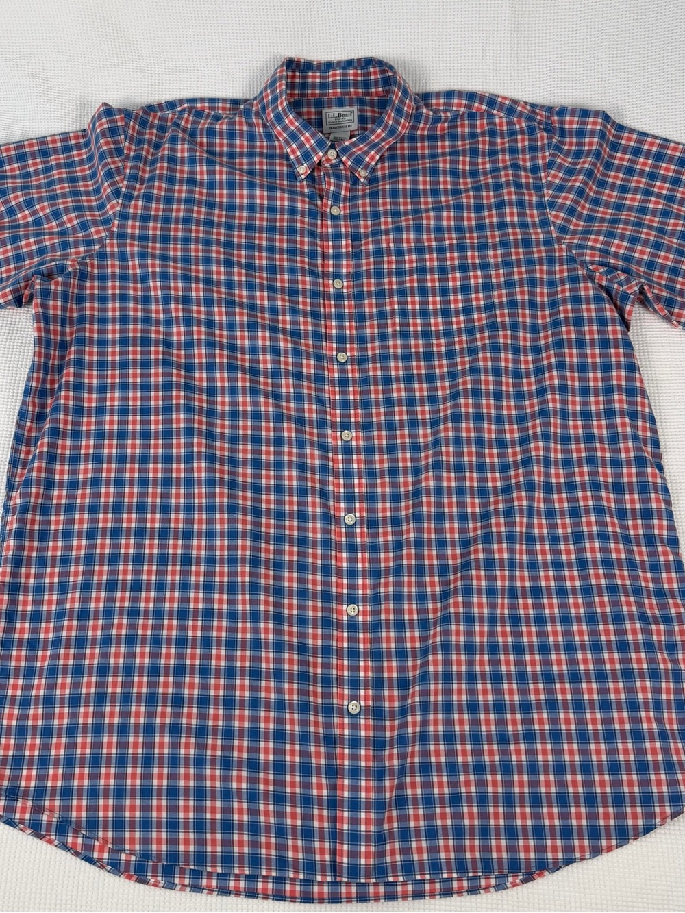 L.L. Bean Men’s Red Blue and White Plaid Button-Down Short Sleeve Shirt XXL-Tall